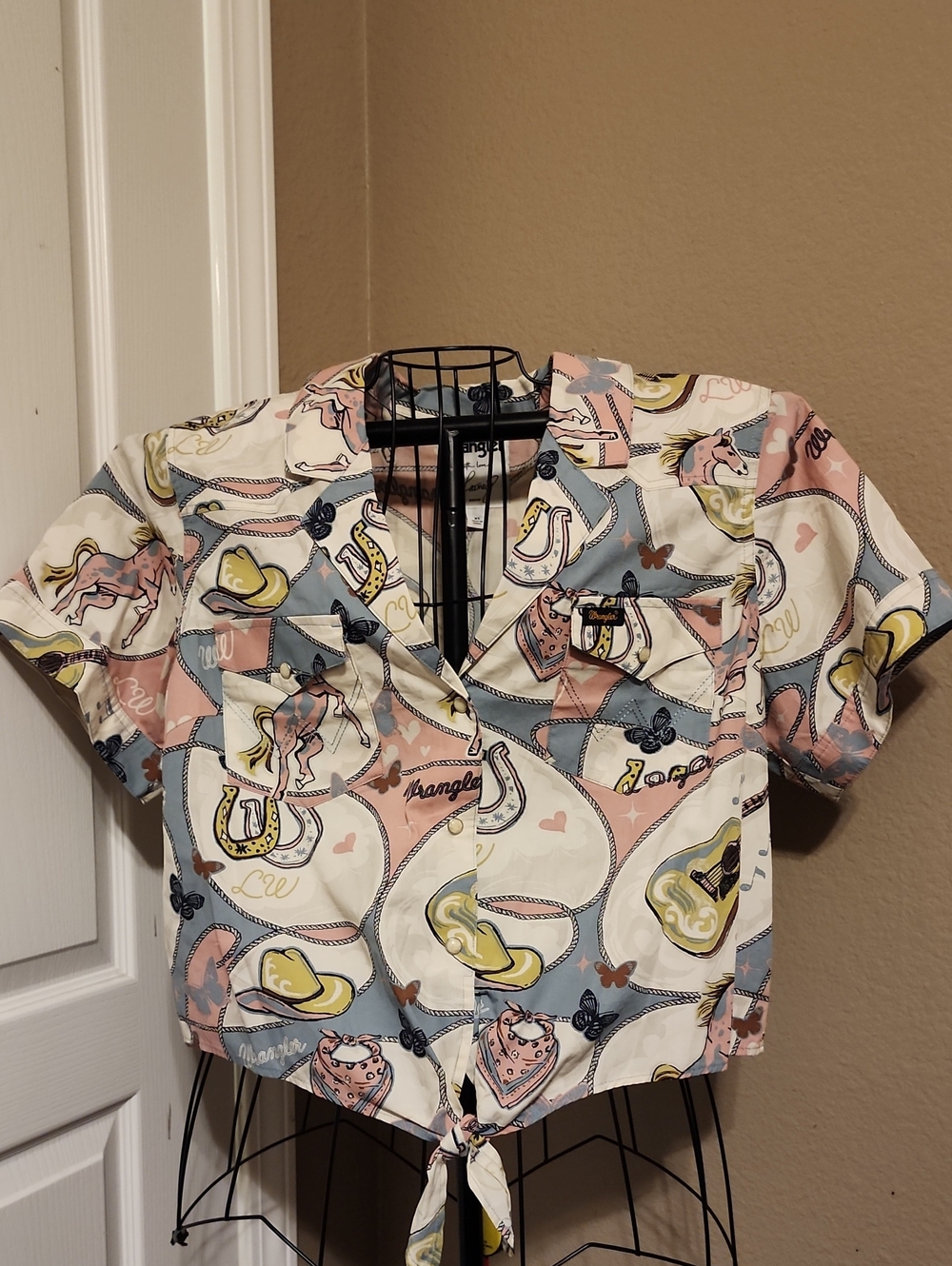Wrangler x Lainey Wilson Western Print Tie-Front Crop Top in Pastel Multi